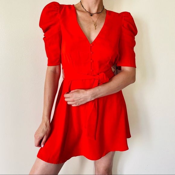 milk and honey Dresses & Skirts - New Milk & Honey red v-neck elastic belted waist puff sleeve mini dress